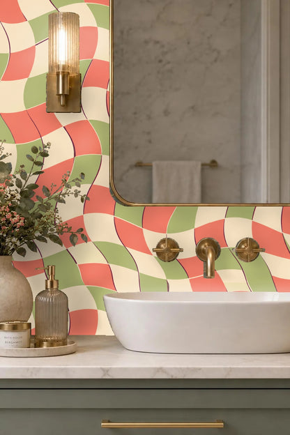 Soft coral and sage wavy grid on wallpaper with subtle black outlines.
