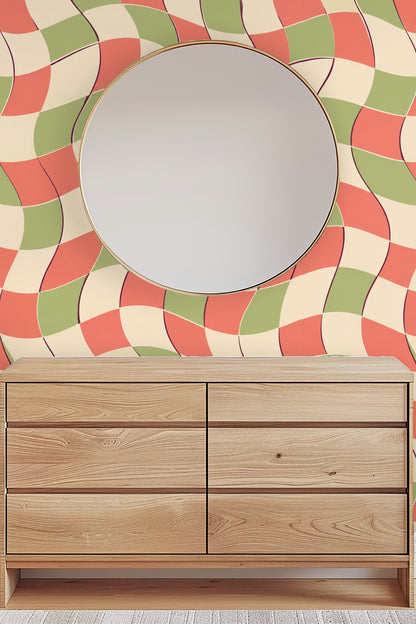 Light filtering through sheer curtains onto colorful wavy wallpaper.