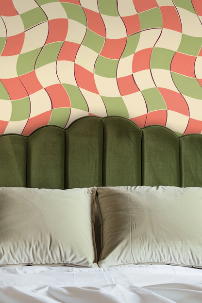 Aesthetic overlay of black contour lines on warm pastel patchwork tiles.