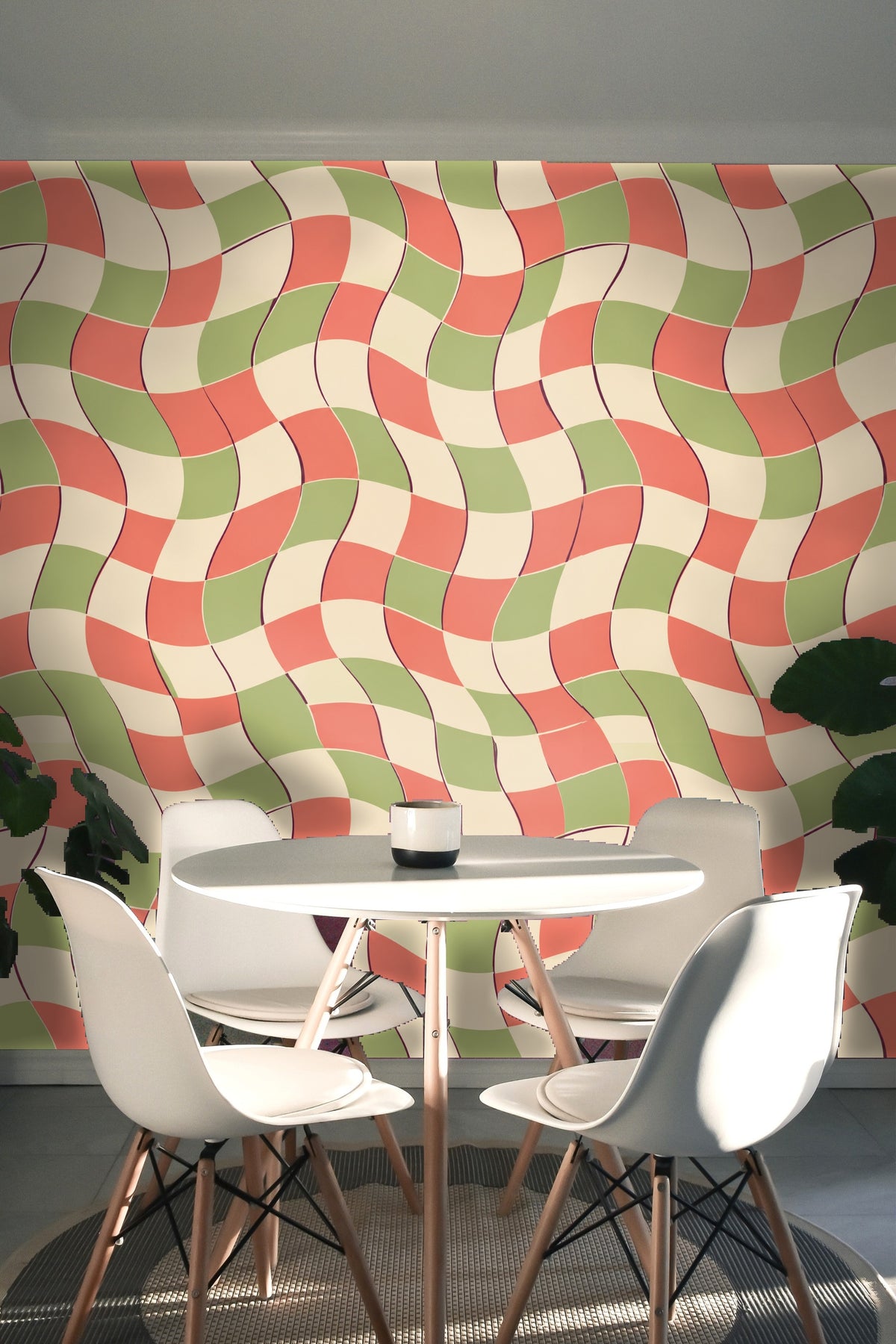 Artful combination of organic curves and sharp color blocks on walls.