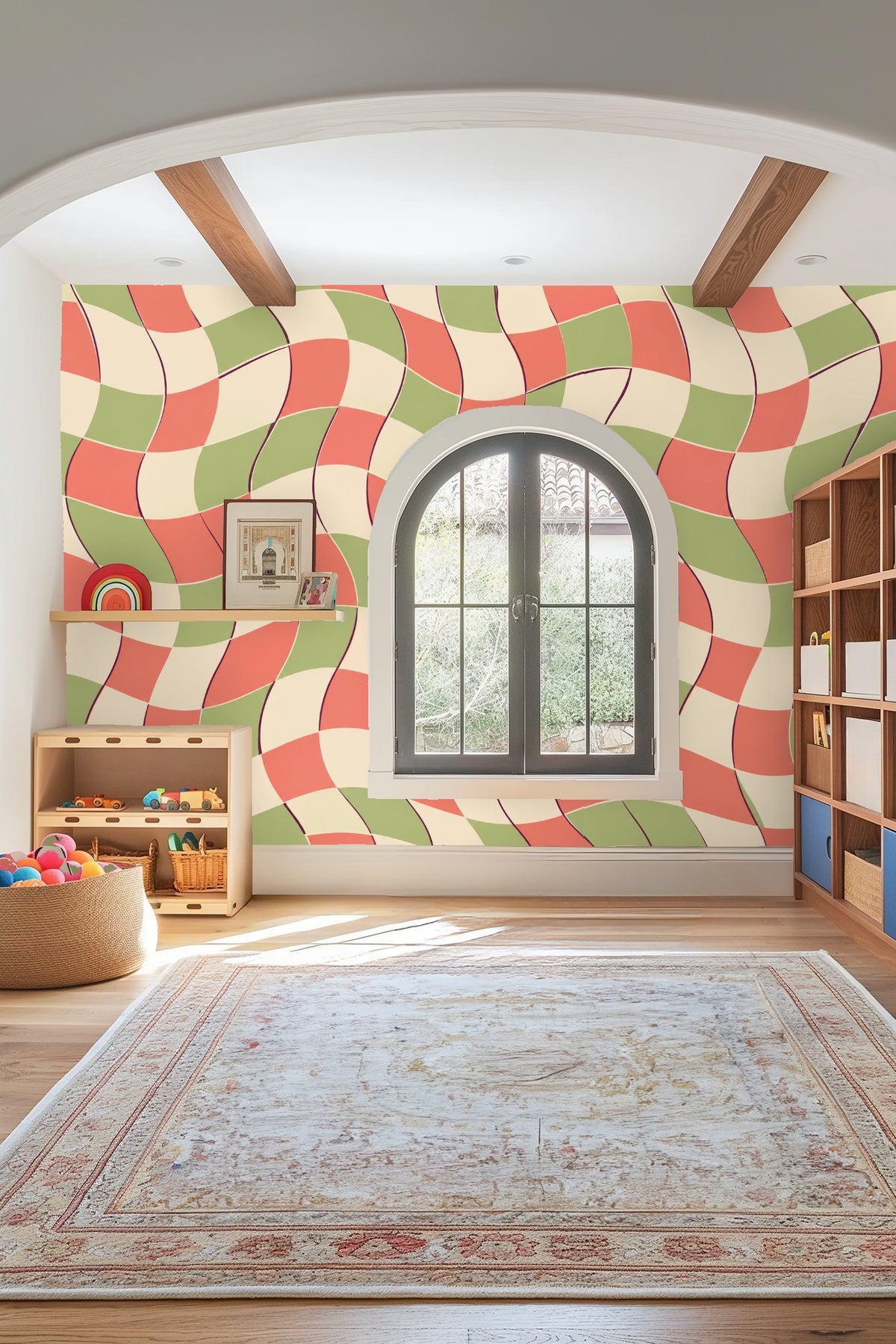 Pattern repeat showing mid-century inspired wave pattern in three colors.