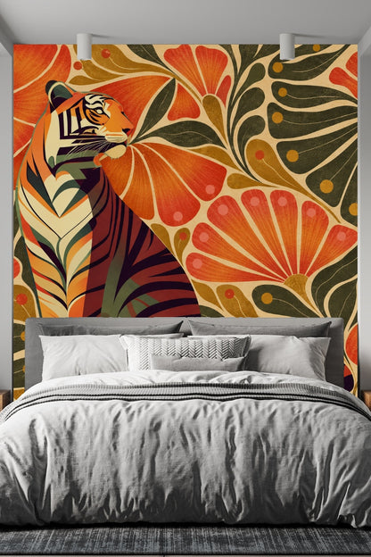 Full wallpaper panel showing tiger sitting erect surrounded by stylized oversized flowers