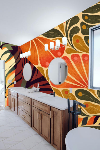 Illustrative tiger and botanical wallpaper blending bold shapes and warm colors