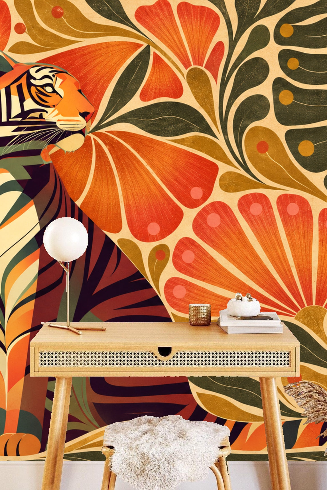 Decorative tiger wallpaper brightening a bedroom with neutral bed and dress form