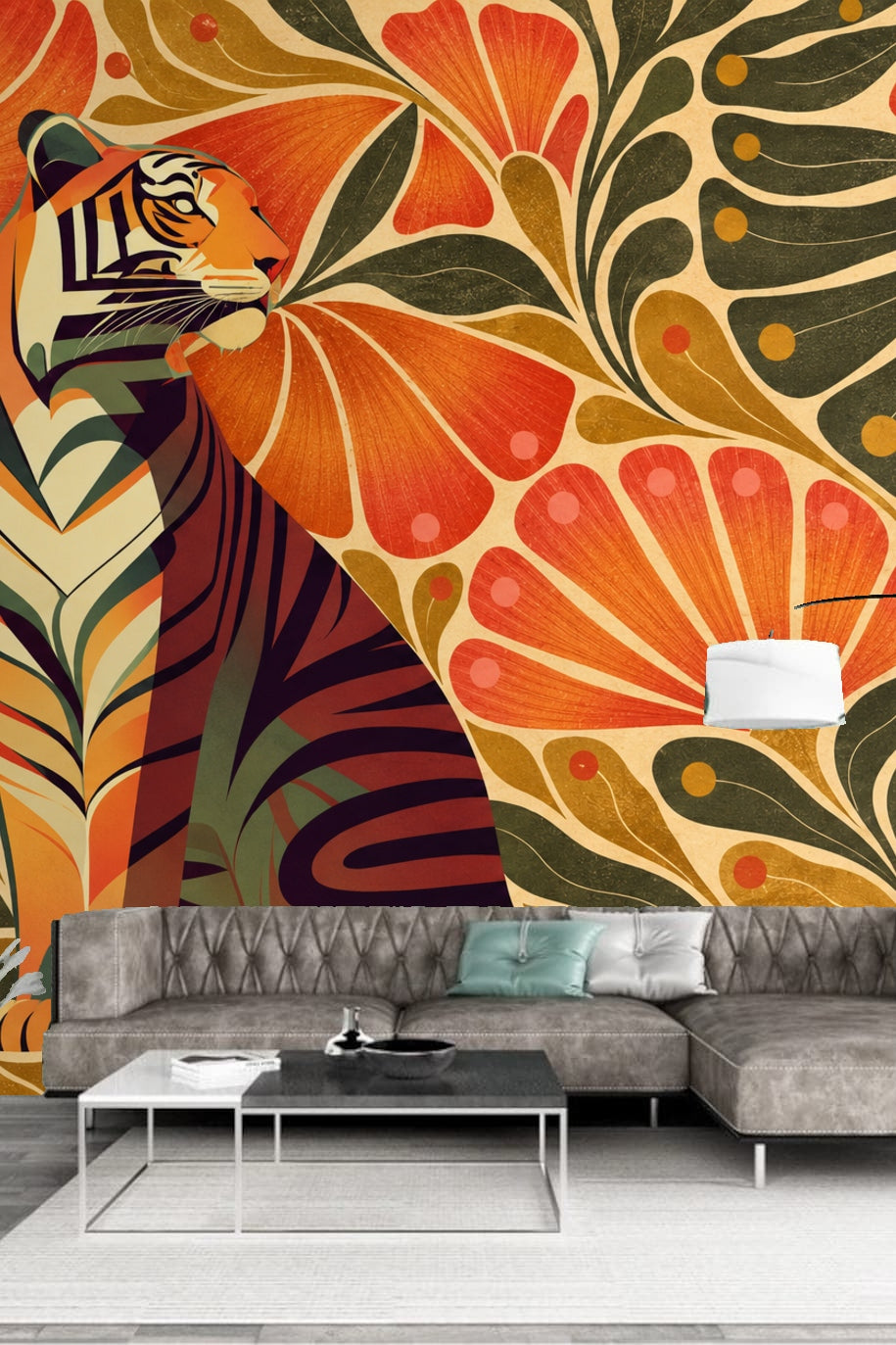 Stylized botanical leaves with rounded ends and circular dots complementing tiger figure