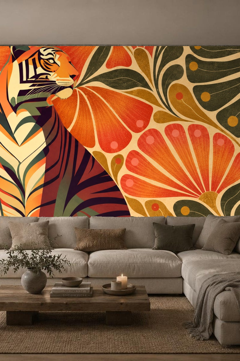 Floral pattern with large fan-shaped petals in orange and coral, leaves in green and ochre