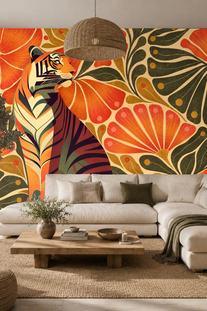 Close view of tiger tail curving along floral patterns with orange and coral buds
