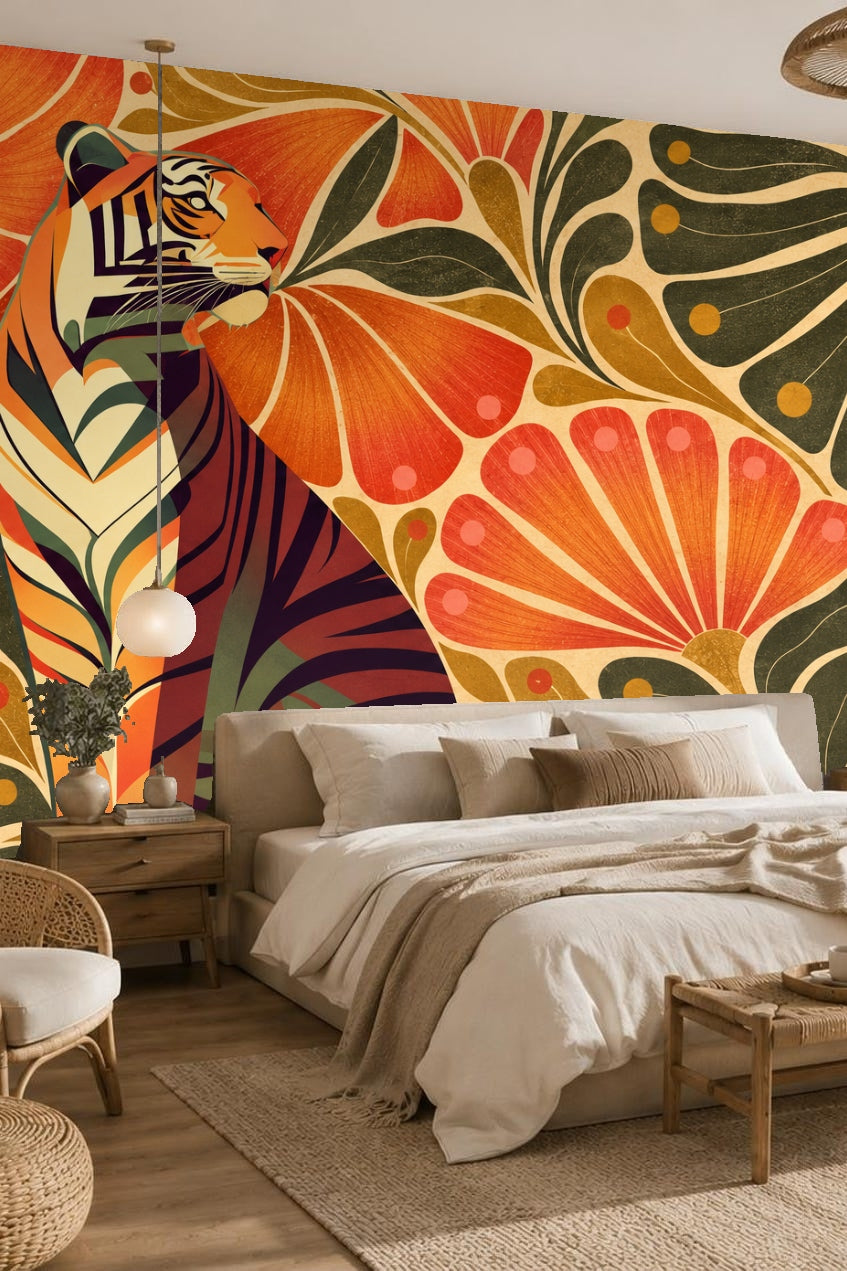 Wallcovering detail of vibrant tiger sitting among large orange flowers and green leaves
