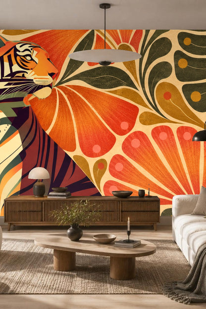 Living room scene with tiger wallpaper as an accent behind modern chairs and lighting