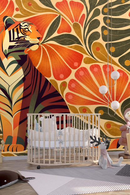 Pattern repeat featuring large orange petals and thick dark green leaves