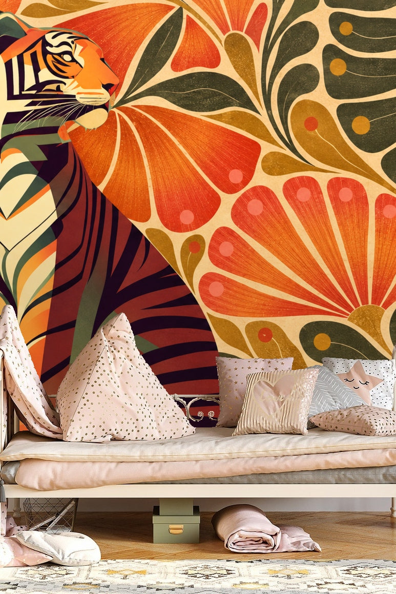 Close-up of tiger motif showing sharp, geometric black stripes and orange shading