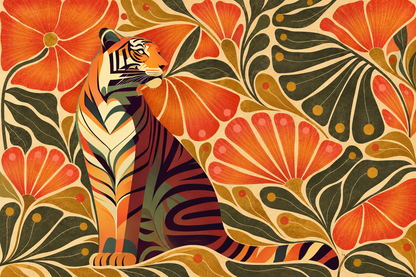 Wallpaper art combining graphic tiger stripes and natural floral motifs in vintage palette