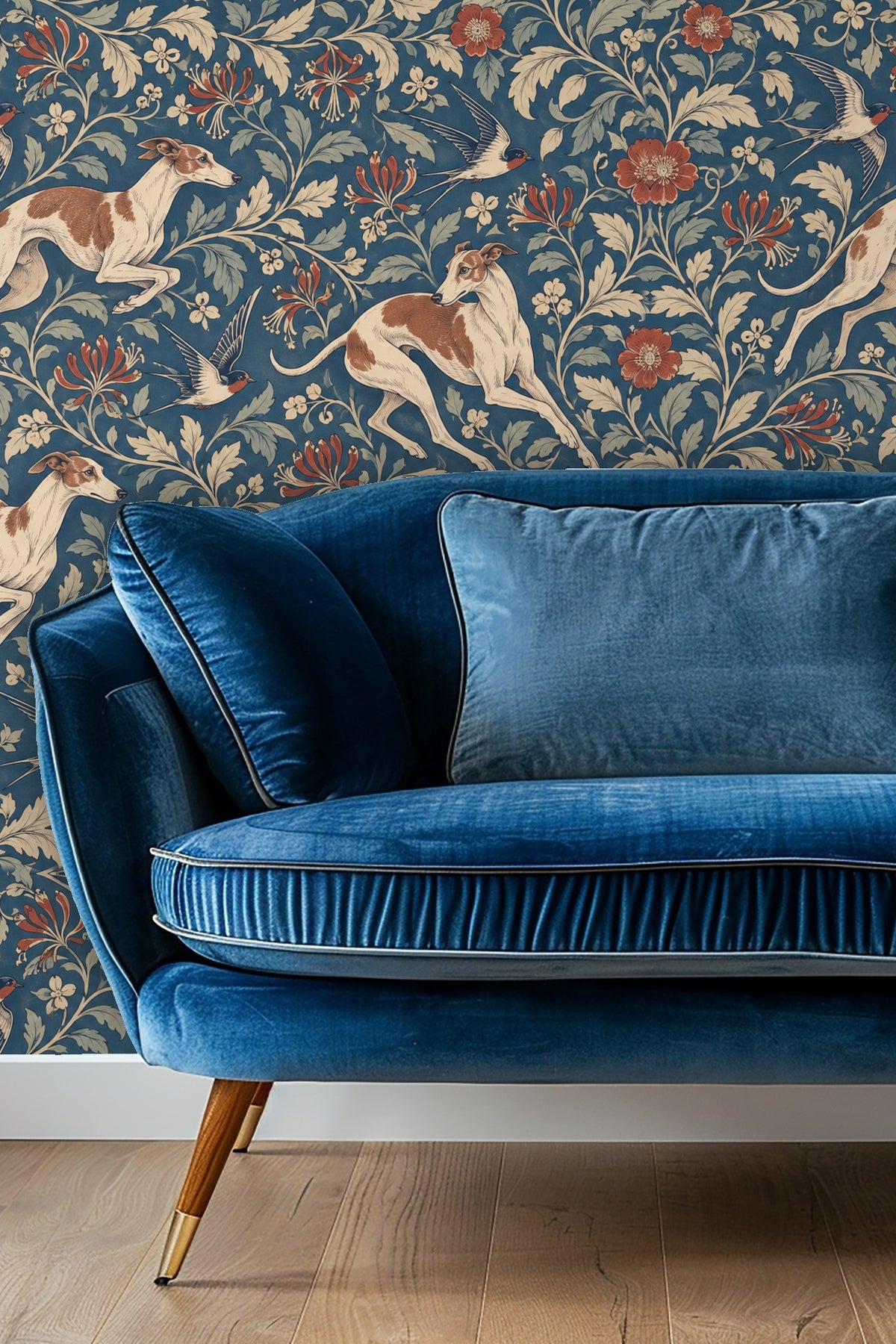 Pattern detail showing whippets and honeysuckle on blue background.