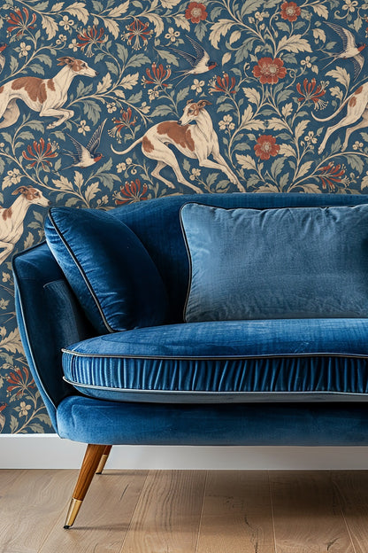 Pattern detail showing whippets and honeysuckle on blue background.