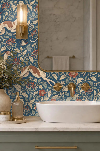 Partial close-up of wallpaper showing detailed whippet dogs and botanical elements on blue background.