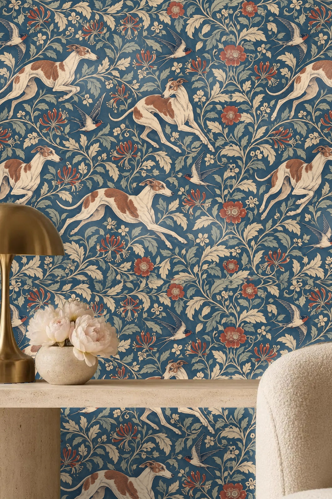 Pattern repeat showing intertwined vines and flowers from Baroque Hounds and Honeysuckle.