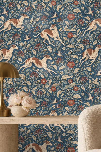 Pattern repeat showing intertwined vines and flowers from Baroque Hounds and Honeysuckle.