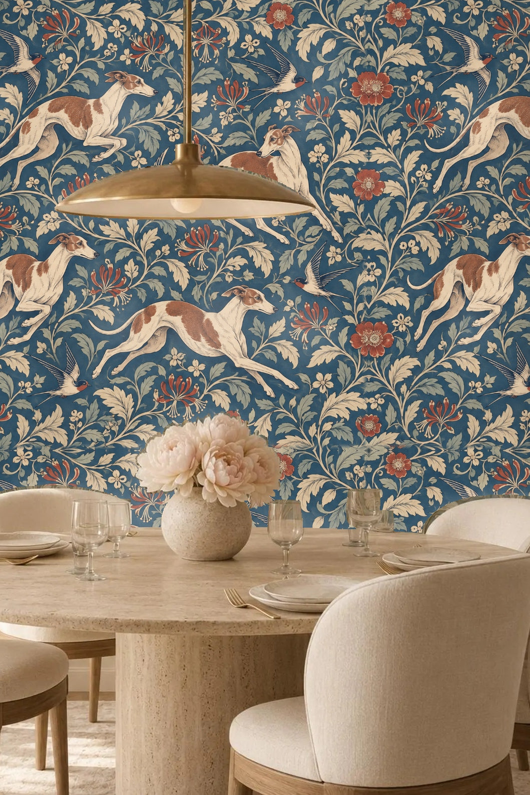 Close perspective on leaf and flower detail against the wallpaper’s deep blue base.