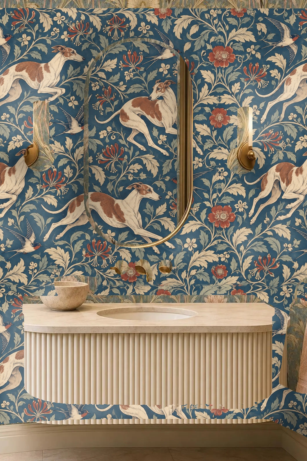 Flowers with a soft terracotta hue surrounded by pale green leaves on wallpaper.