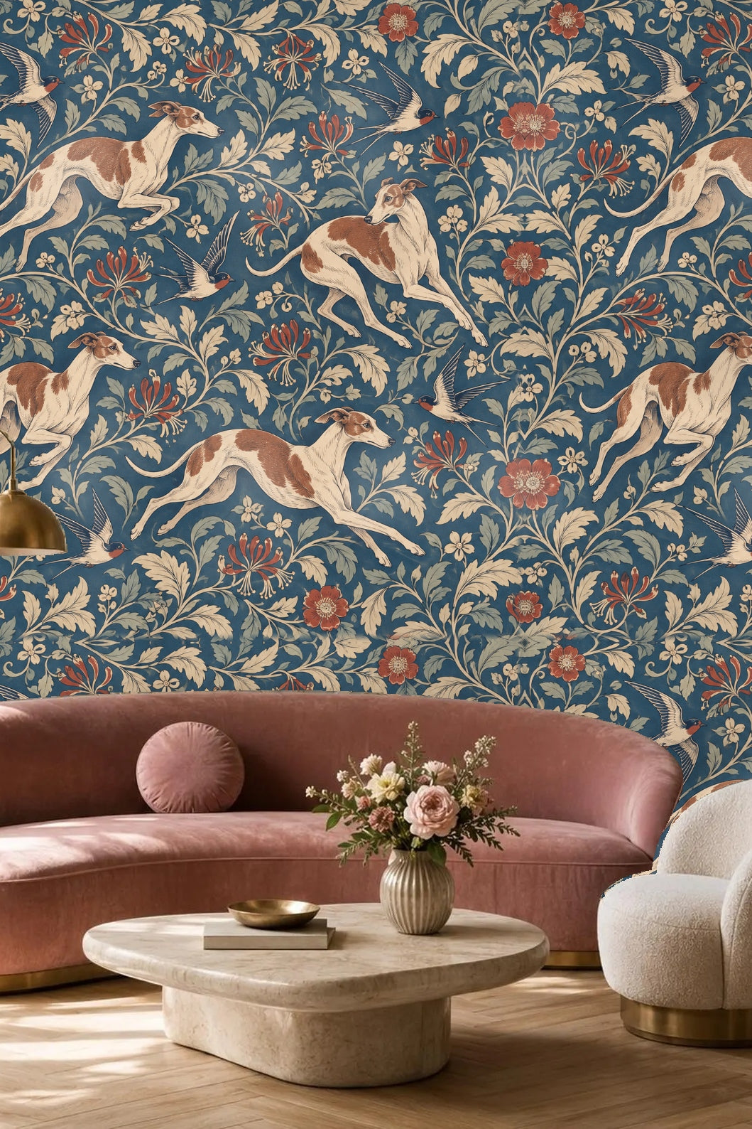 Whippet dog mid-leap among detailed floral and bird motifs in vintage color tones of terracotta and sage green.