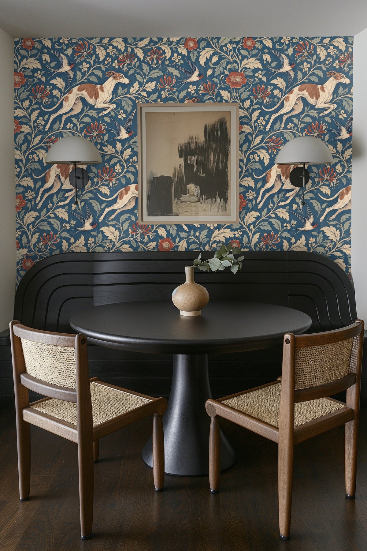 Muted blue wallpaper background with densely arranged floral and animal motifs.