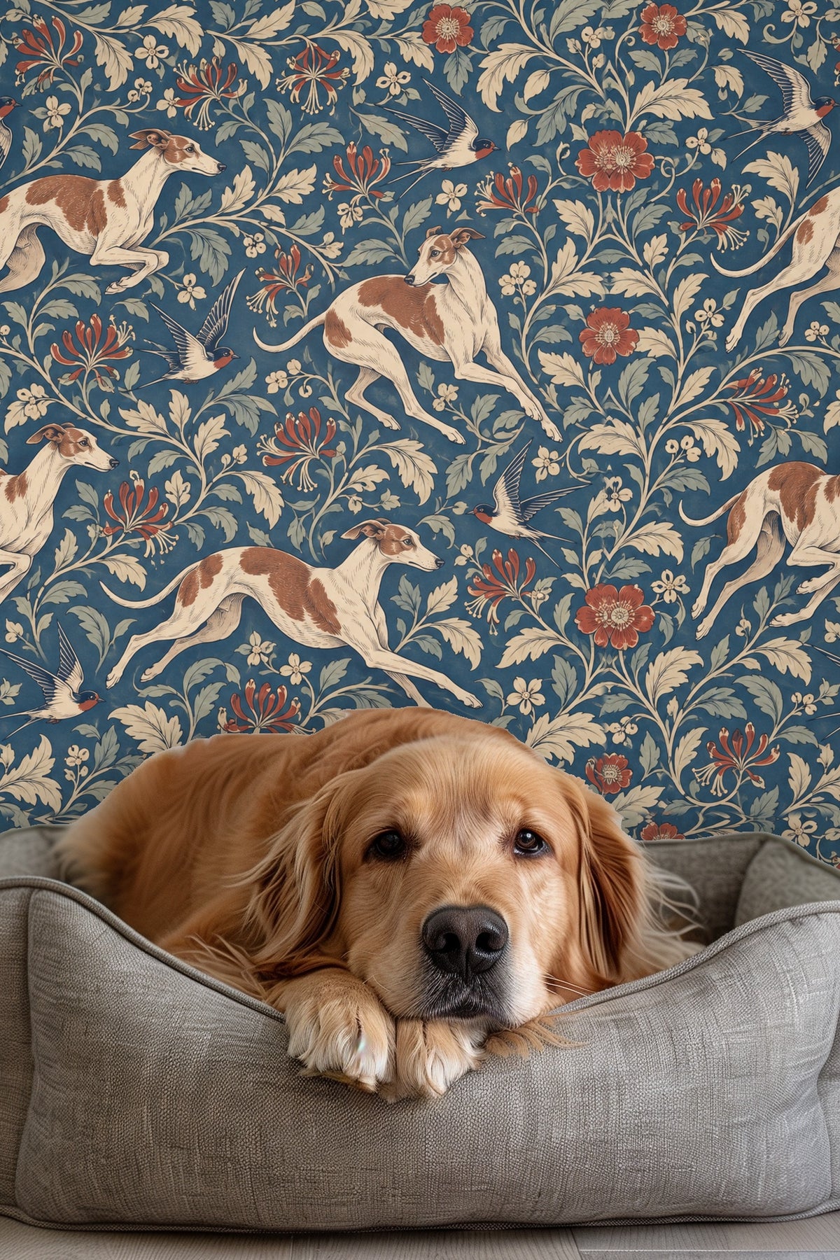 Swallow motif appearing mid-flight within honeysuckle in Baroque Hounds and Honeysuckle wallpaper.