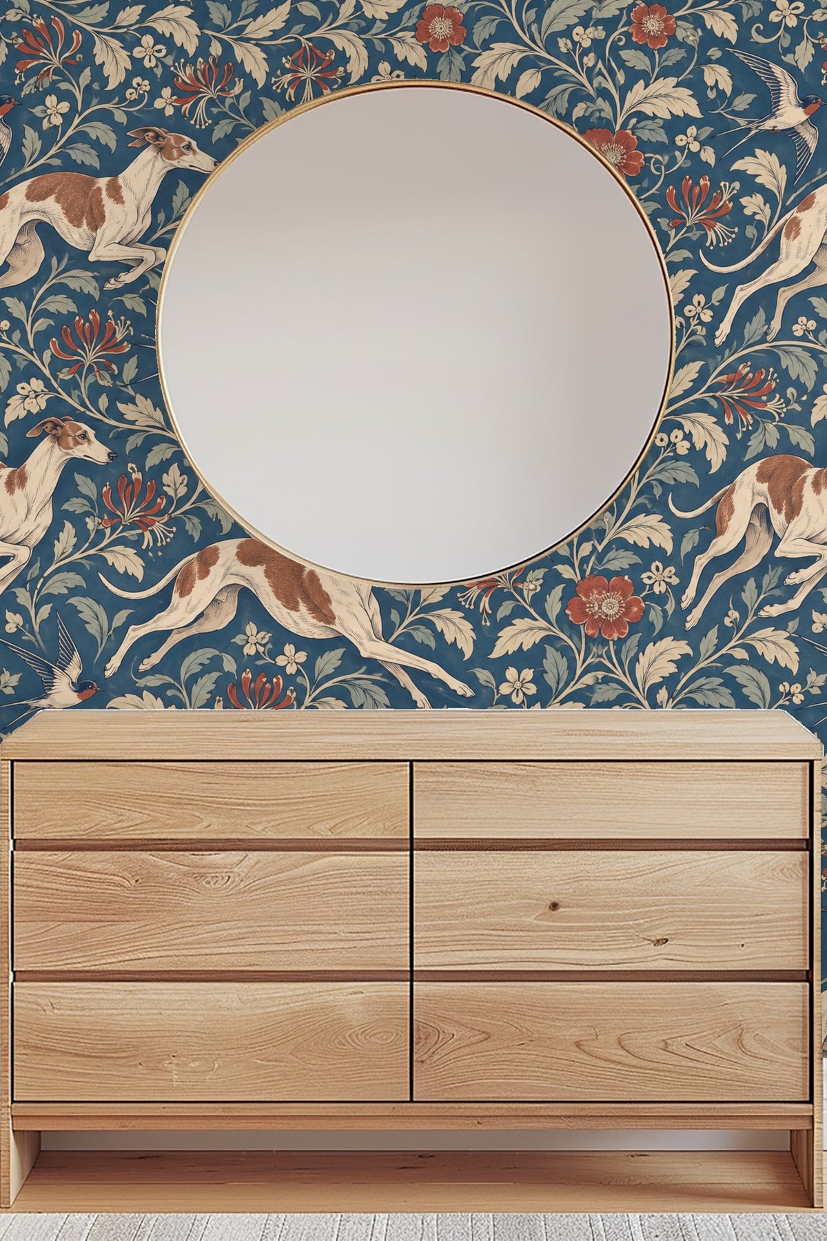 Entryway corner showing wallpaper, sideboard, abstract art, and neutral decor elements.