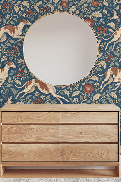 Entryway corner showing wallpaper, sideboard, abstract art, and neutral decor elements.