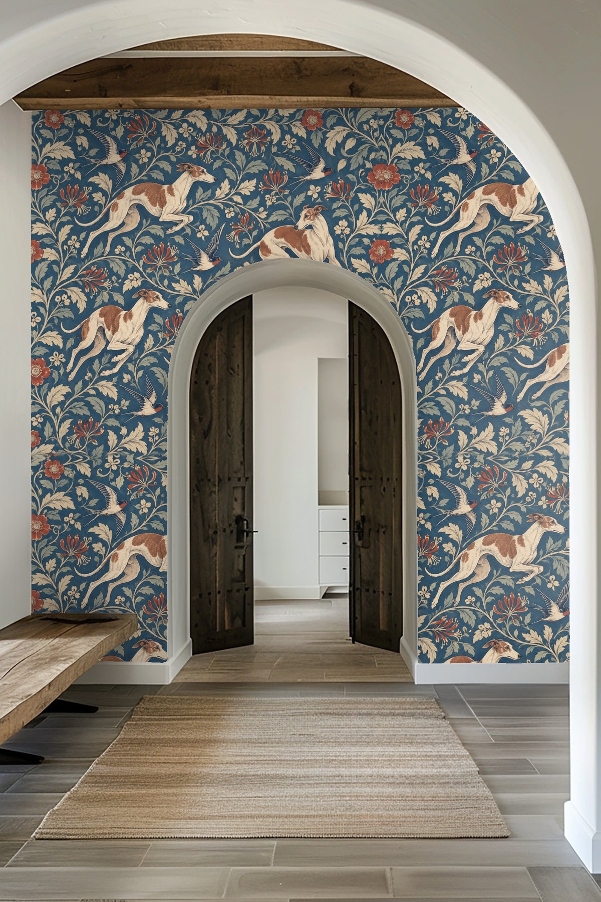 Close-up of whippet figure in Baroque Hounds and Honeysuckle wallpaper pattern.
