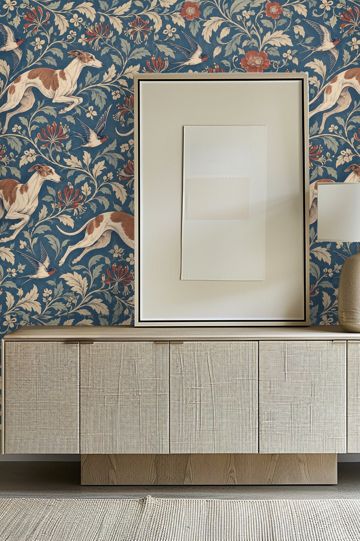 Wallpaper pattern showing whippets running amidst terracotta flowers and sage green leaves on deep blue background.