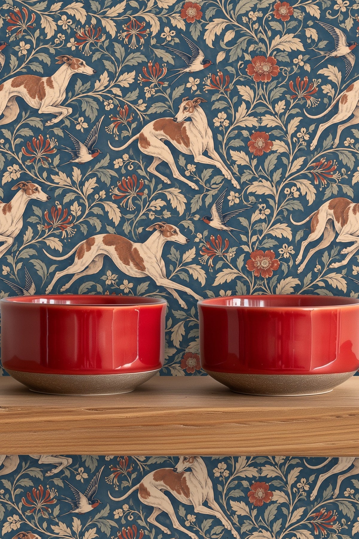 Leaping whippets positioned diagonally within a botanical pattern on wallpaper.