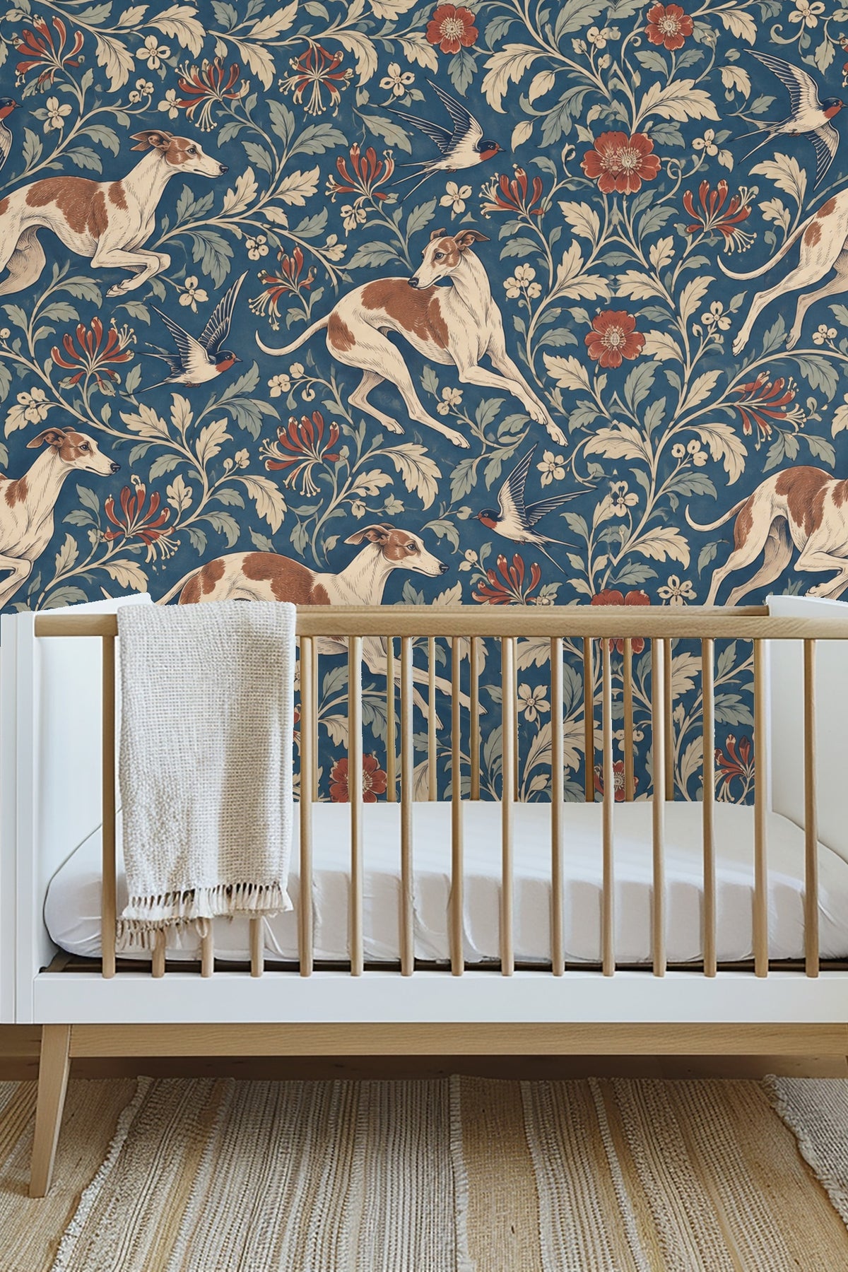 Soft neutral bedroom with tall ceiling, featuring the whippet and floral wallpaper accent wall behind a wooden bed and light-toned woven and