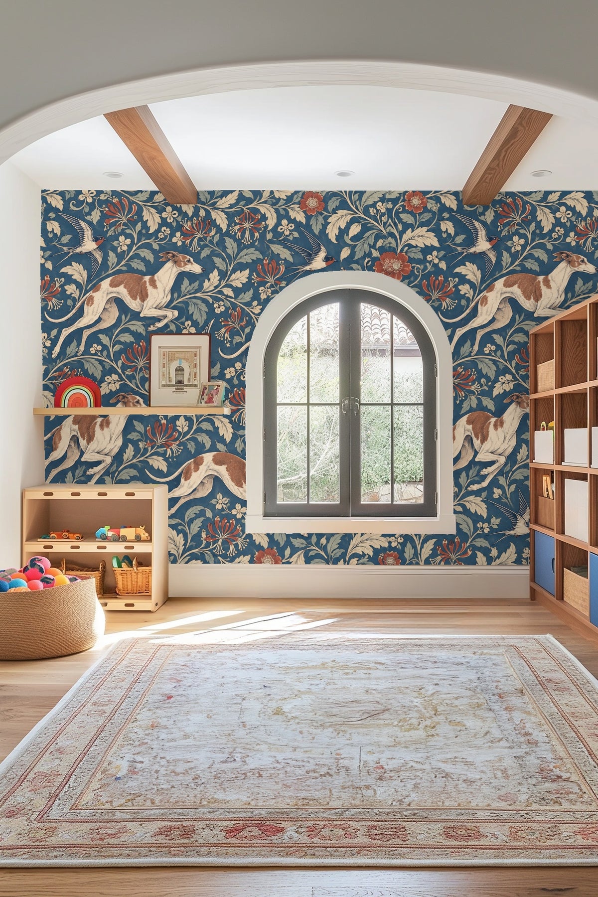 Bird and floral arrangement in muted cream, rust, and blue tones.