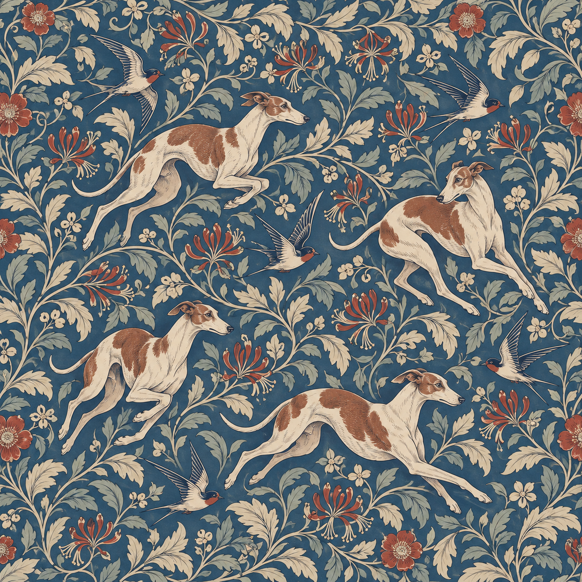 Wide view of wallpaper corner showing motif interaction with room light and shadow.