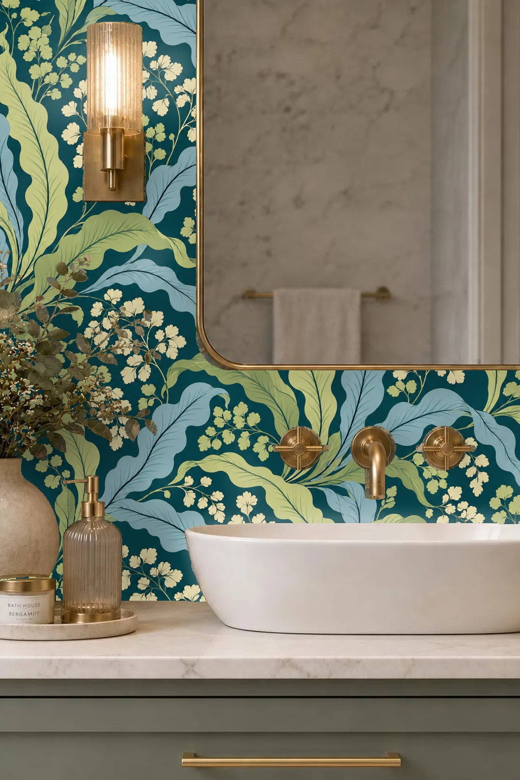 Cluster of cream and pale green leaf motifs on Verdant Wave Botanical wallpaper