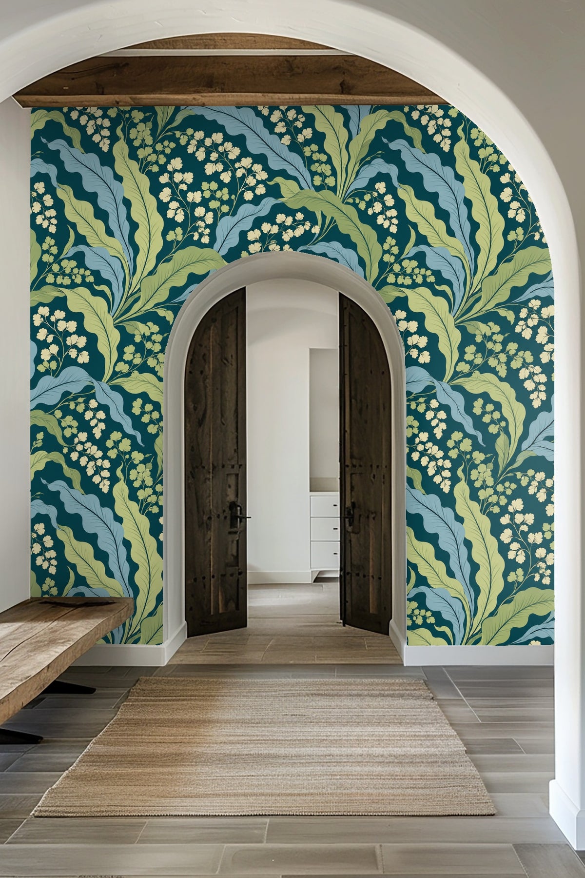 Detailed close-up of Verdant Wave Botanical wallpaper showing flowing light blue and chartreuse leaves on teal background