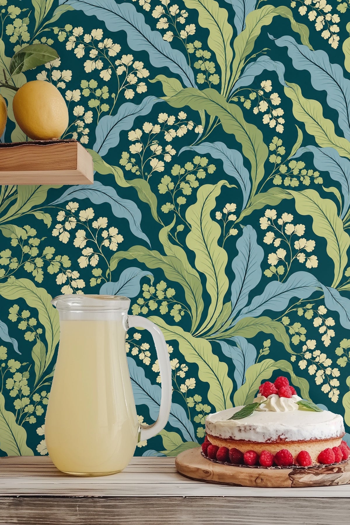 Textured wall surface covered with teal background and painterly leaves pattern