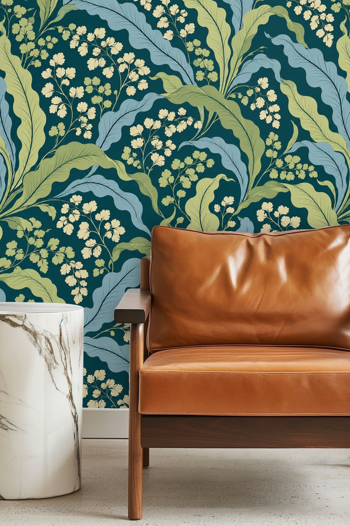 Naturalistic but graphic botanical composition on wallpaper
