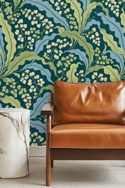 Naturalistic but graphic botanical composition on wallpaper