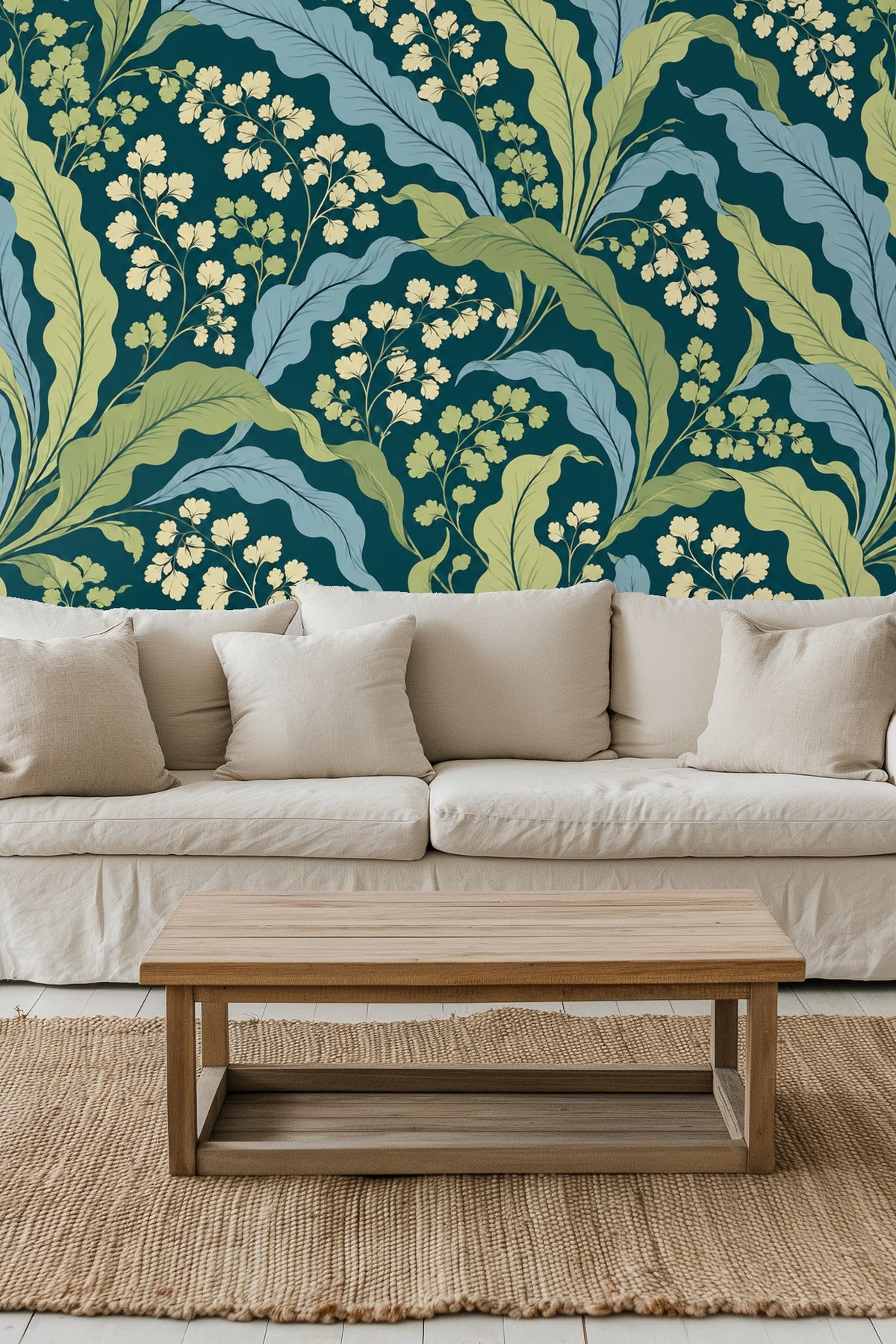 Entryway with Verdant Wave Botanical wallpaper covering the wall around an arched doorway
