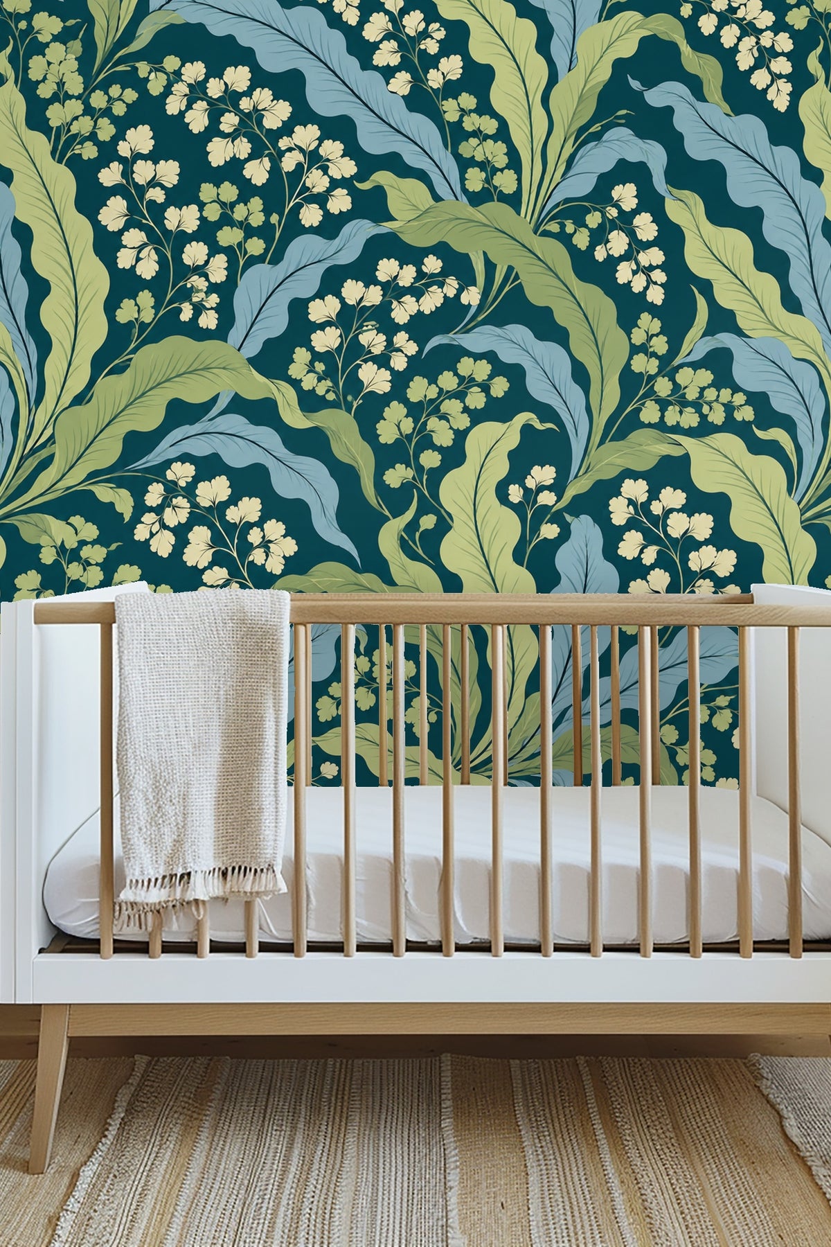 Close-up view of light blue leaves with soft shadows on Verdant Wave Botanical wallpaper