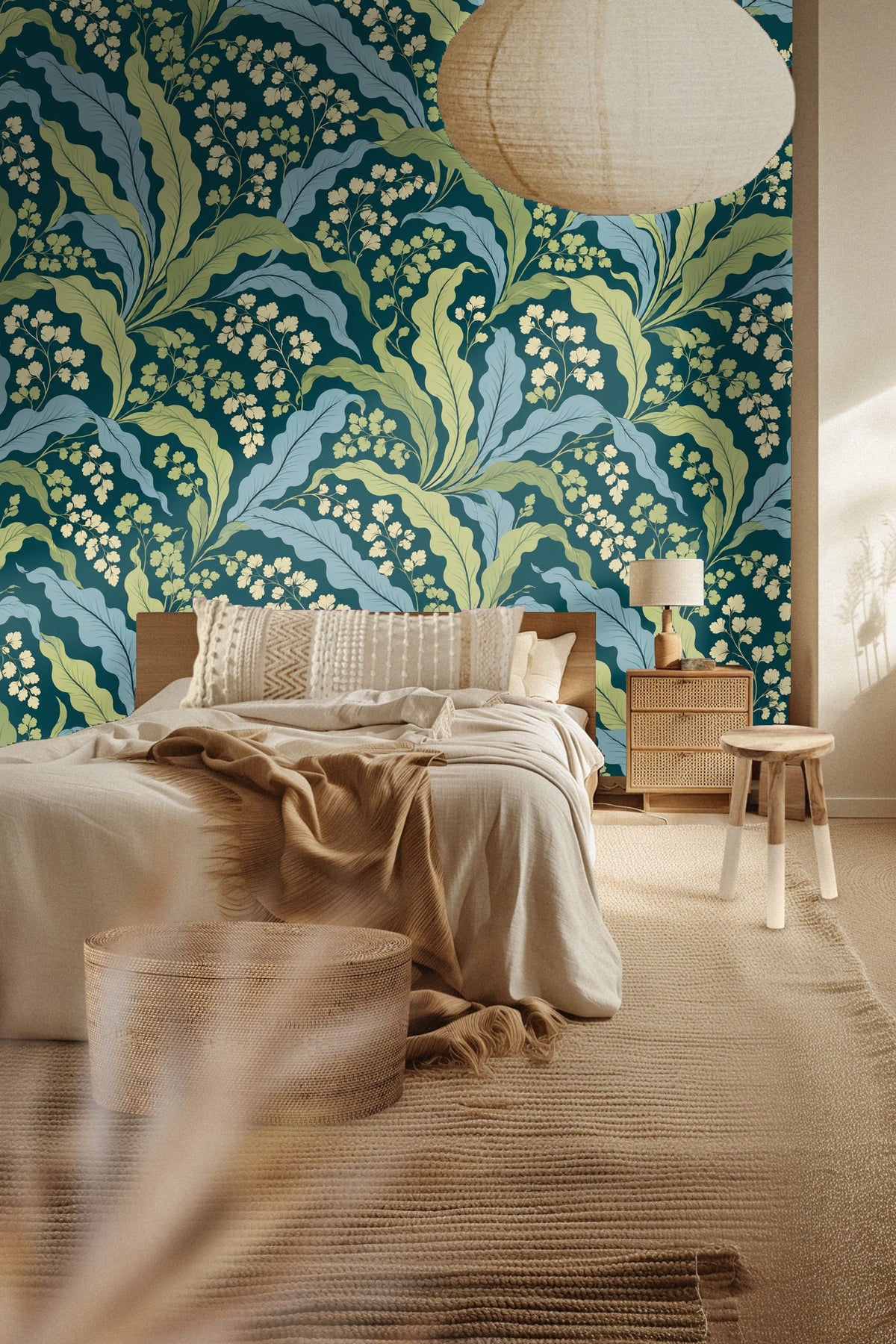 Living room interior featuring Verdant Wave Botanical wallpaper behind a beige sofa and a wooden coffee table