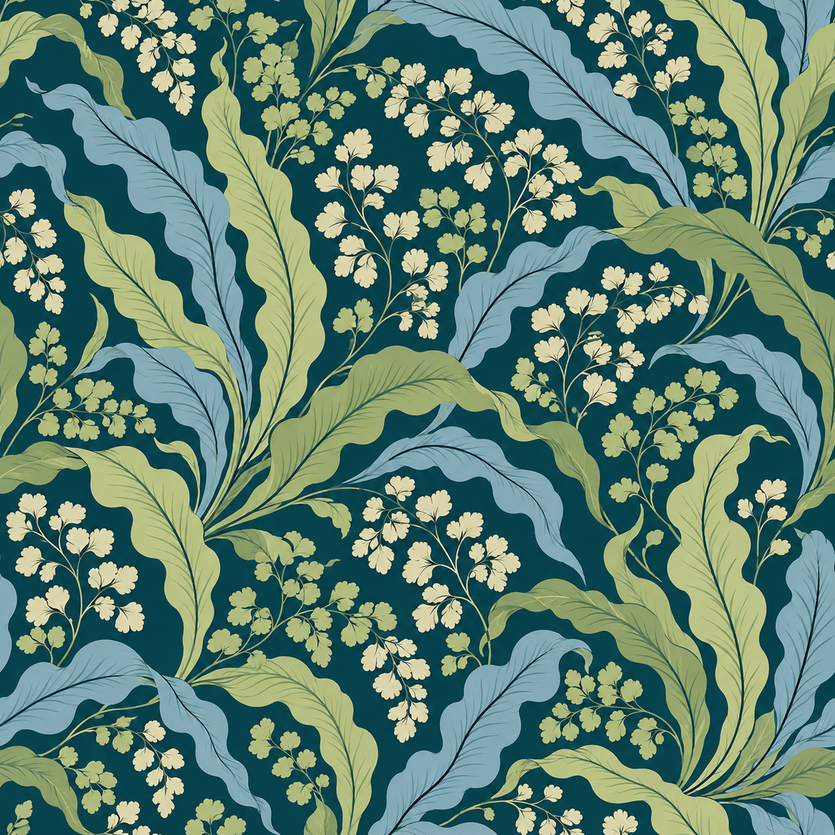 Wide horizontal view of wallpaper pattern showing fluid leaf movement