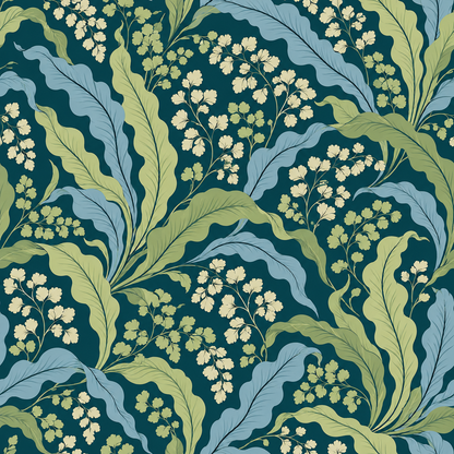 Wide horizontal view of wallpaper pattern showing fluid leaf movement
