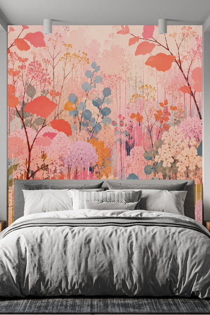 Close-up of layered leaves and flowers in soft pinks, blues, and coral hues