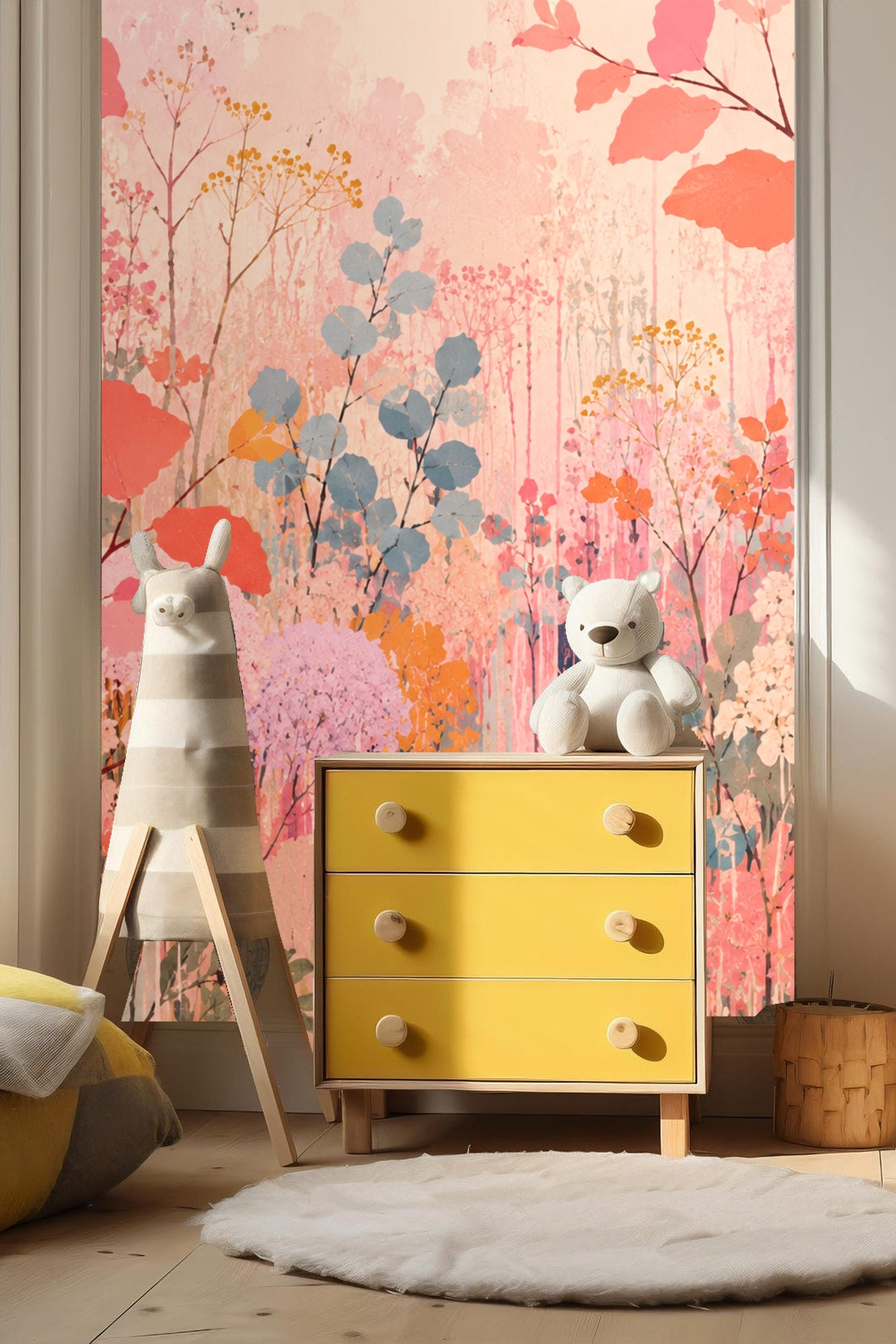 Wallpaper detail showing fine ink lines and organic leaf patterns