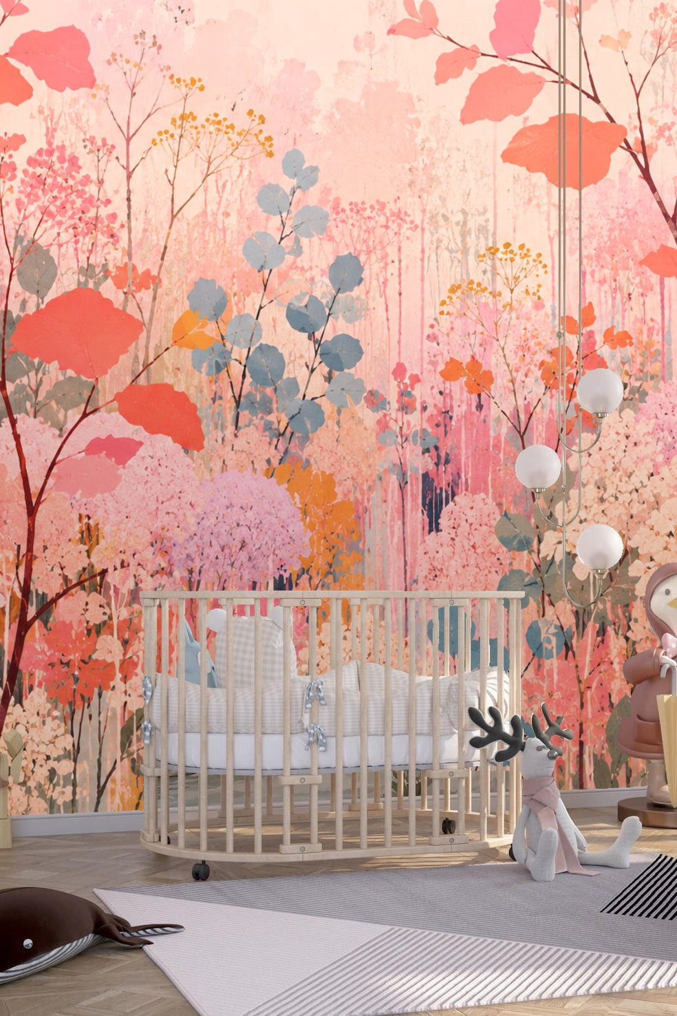 Playroom corner with rocking chair and pink coral blossoms wallpaper