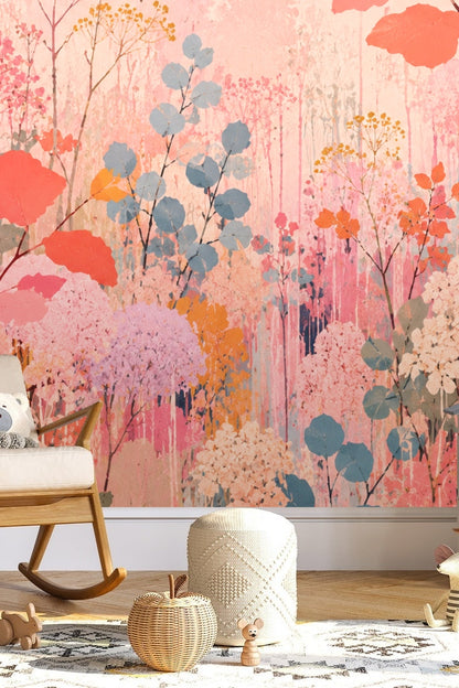 Pink and coral floral wallpaper detail with textured brushstroke effect