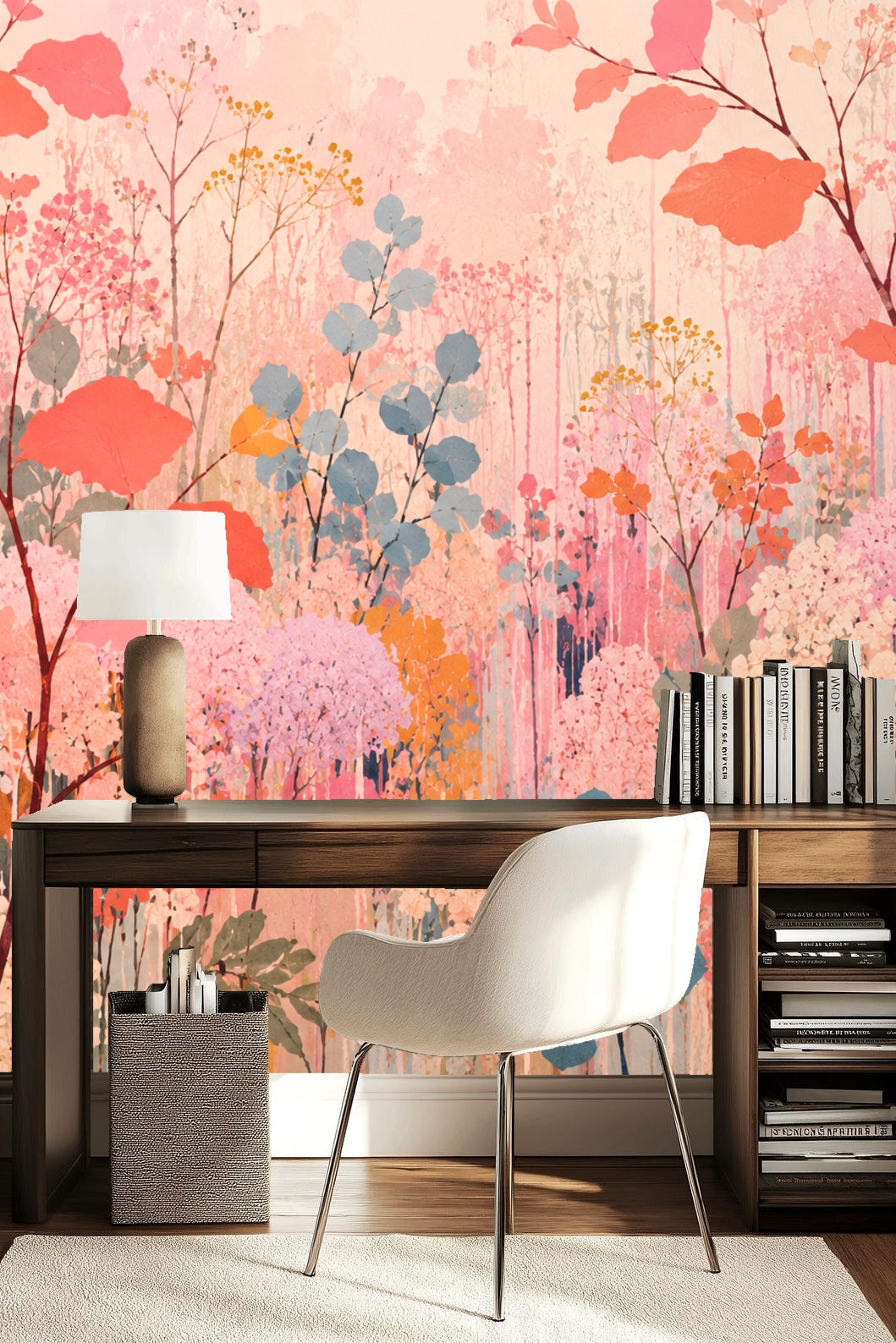 Soft pink and coral leaves interspersed with muted blue round leaves in wallpaper