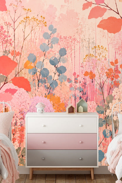 Full wallpaper view showing the floral pattern's scale in a modern bedroom